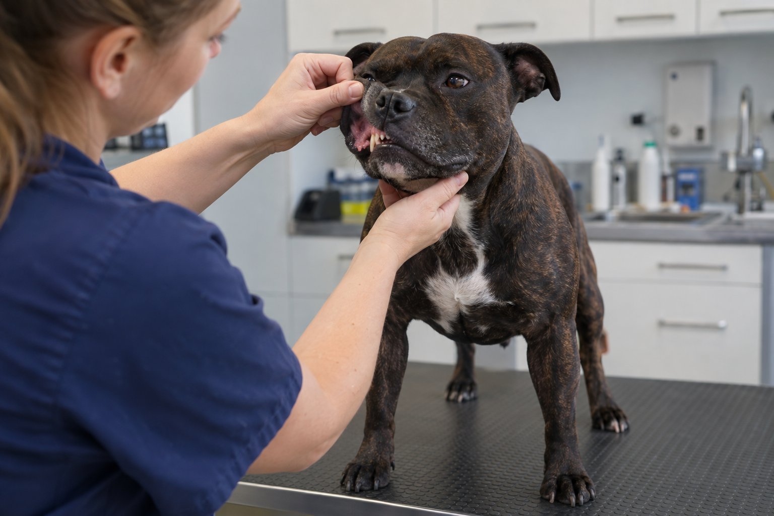 Veterinářka vyšetřuje tlamu psa s nadměrným sliněním